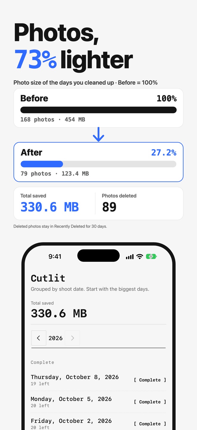 App Store screenshot: Photos, 73% lighter, from a 168-photo sample.