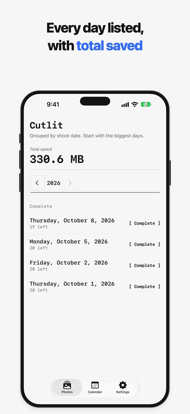 App Store screenshot: every day listed, with the total saved.